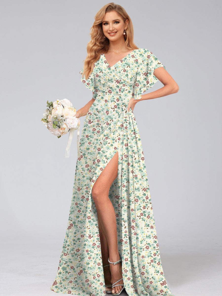 A-Line/Princess V-Neck Short Sleeves Watteau Train Floral Bridesmaid Dresses