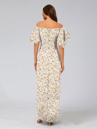 Sheath/Column Off-the-Shoulder Half Sleeves Ruched Floral Bridesmaid Dresses