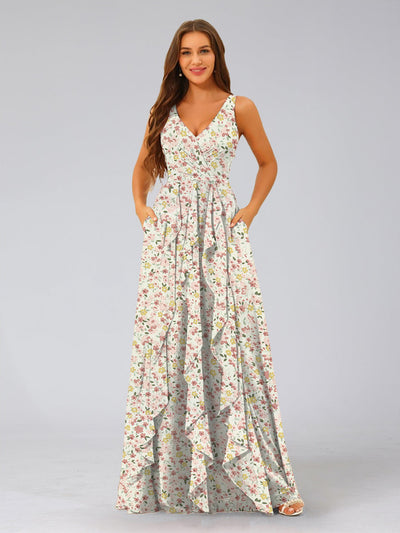 A-Line/Princess V-Neck Sleeveless Ruffles Floral Bridesmaid Dresses