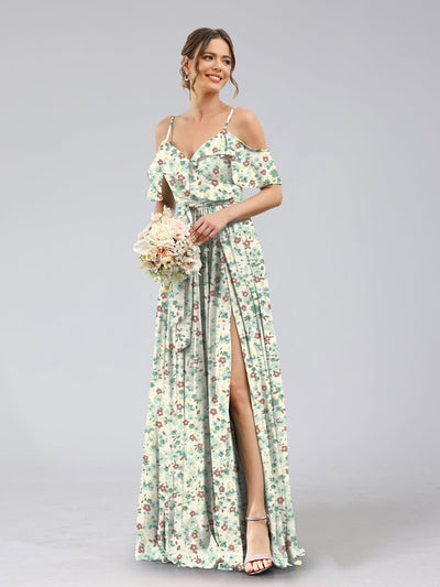 A-Line/Princess Cold Shoulder Short Sleeves Belt Floral Bridesmaid Dresses