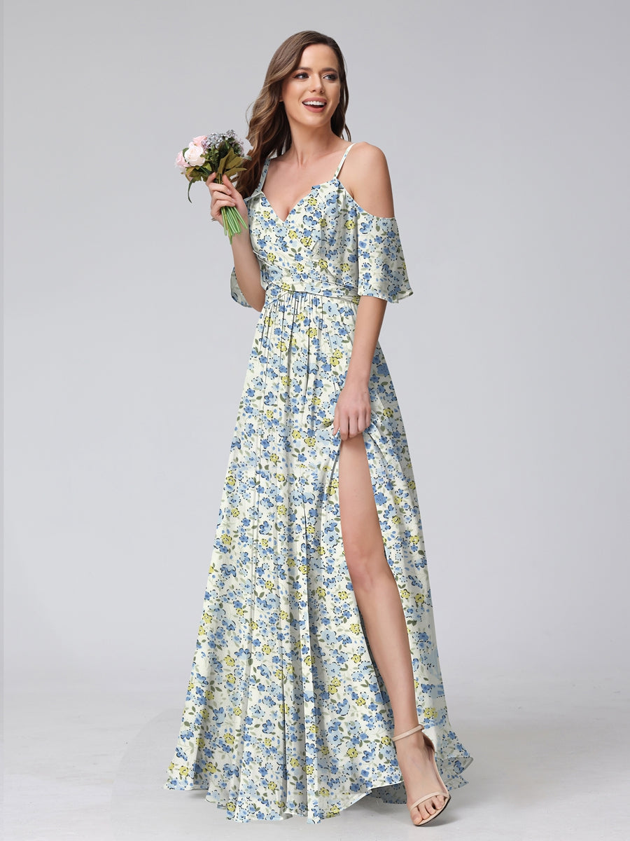 A-Line/Princess Cold Shoulder Short Sleeves Ruched Floral Bridesmaid Dresses