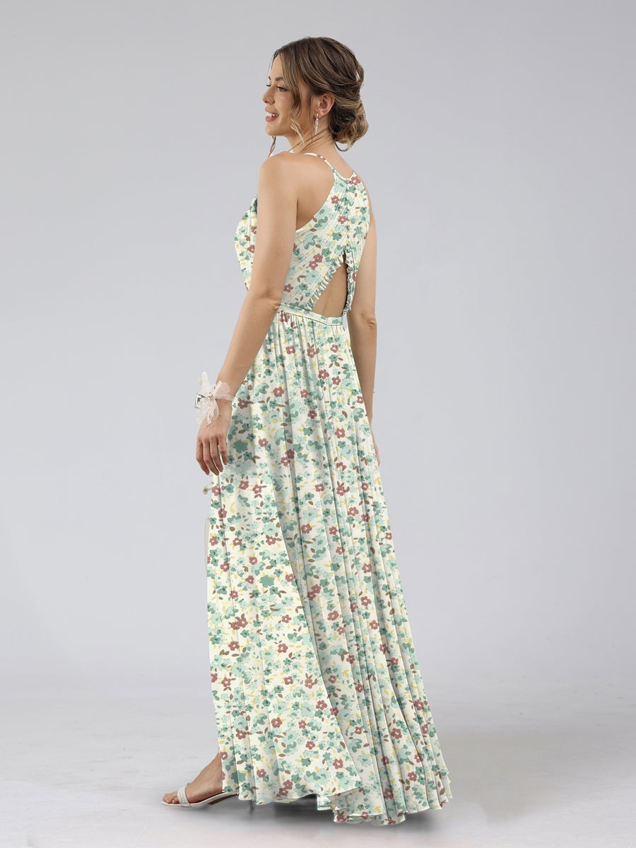 A-Line/Princess Halter Sleeveless Ruched Floral Bridesmaid Dresses