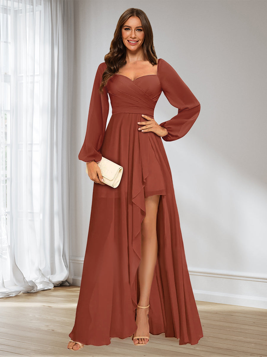 A-Line/Princess Sweetheart Long Sleeves Asymmetrical Ruched Bridesmaid Dresses