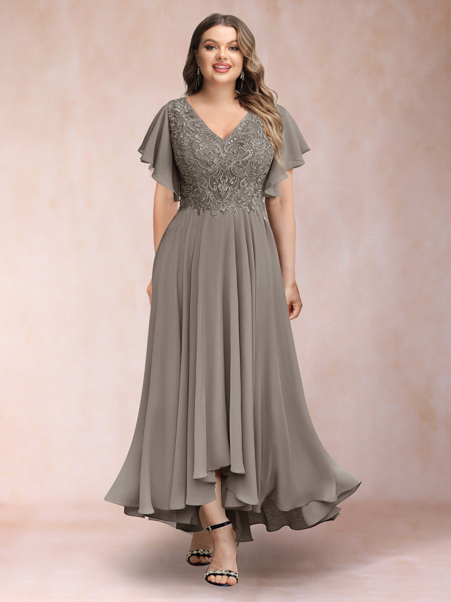 A-Line/Princess V-Neck Short Sleeves Long Plus Size Evening Dresses with Appliques