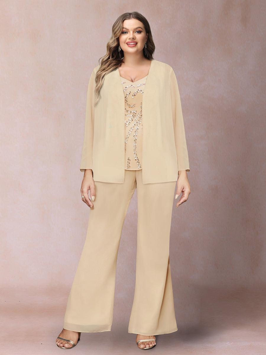 Chiffon Sequins V-Neck Long Sleeves 3 Pieces Plus Size Pantsuits with Jacket