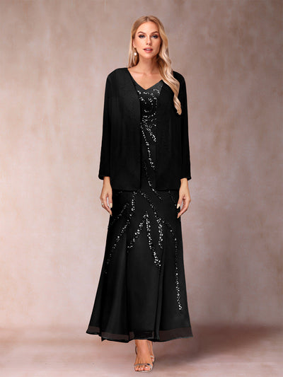 Sheath/Column V-Neck Ankle-Length Evening Dresses With Jacket & Sequins