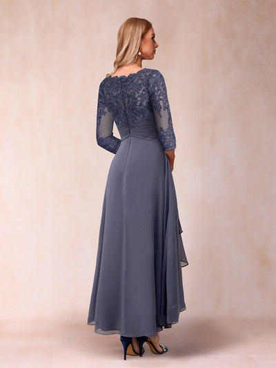 A-Line/Princess Sheer Neck 3/4 Sleeves Long Formal Evening Dresses with Beading & Appliques