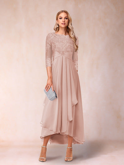 A-Line/Princess Sheer Neck 3/4 Sleeves Long Formal Evening Dresses with Beading & Appliques