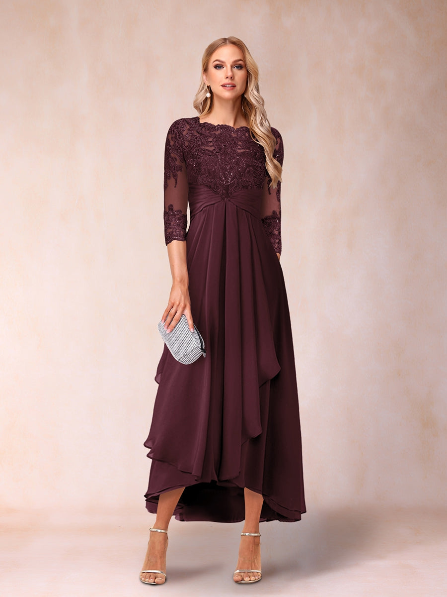 A-Line/Princess Sheer Neck 3/4 Sleeves Long Formal Evening Dresses with Beading & Appliques