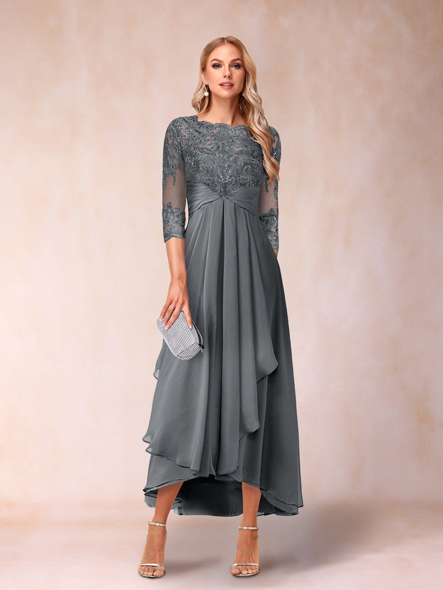 A-Line/Princess Sheer Neck 3/4 Sleeves Long Formal Evening Dresses with Beading & Appliques