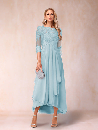 A-Line/Princess Sheer Neck 3/4 Sleeves Long Formal Evening Dresses with Beading & Appliques