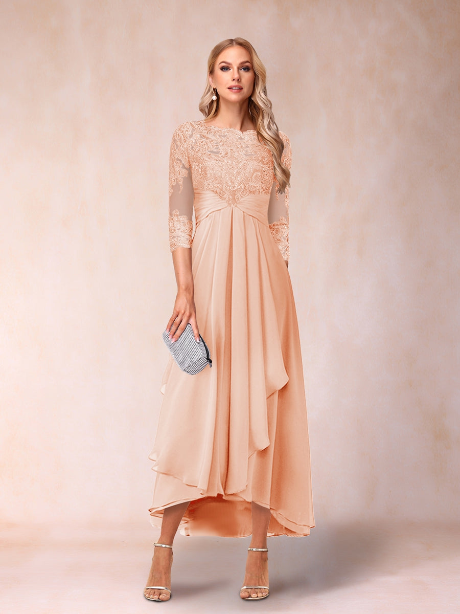 A-Line/Princess Sheer Neck 3/4 Sleeves Long Formal Evening Dresses with Beading & Appliques