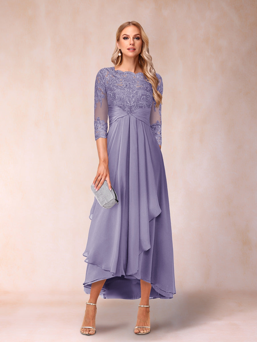 A-Line/Princess Sheer Neck 3/4 Sleeves Long Formal Evening Dresses with Beading & Appliques