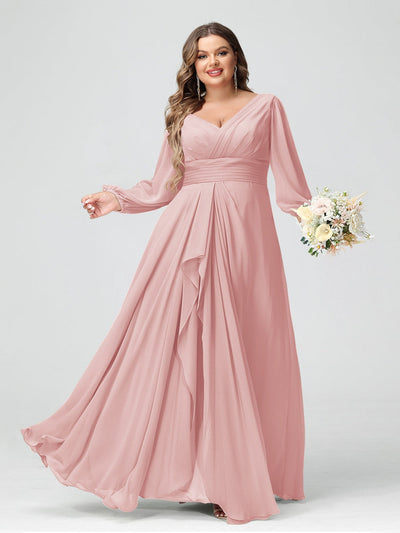 A-Line/Princess V-Neck Long Sleeeves Chiffon Ruffles Plus Size Bridesmaid Dresses with Pockets