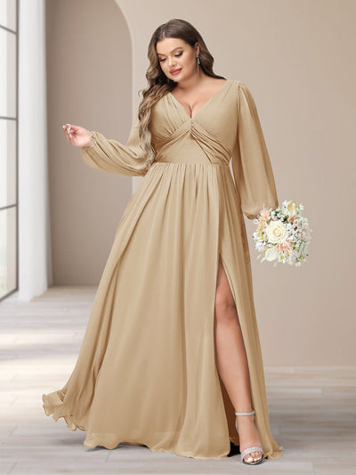 A-Line/Princess V-Neck Long Sleeves Chiffon Long Plus Size Bridesmaid Dresses With Split Side