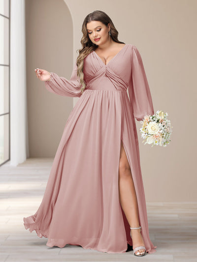 A-Line/Princess V-Neck Long Sleeves Chiffon Long Plus Size Bridesmaid Dresses With Split Side