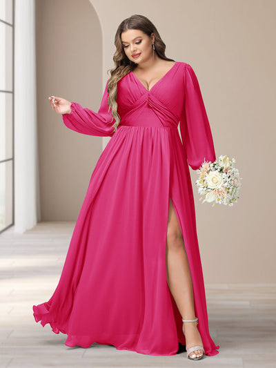 A-Line/Princess V-Neck Long Sleeves Chiffon Long Plus Size Bridesmaid Dresses With Split Side