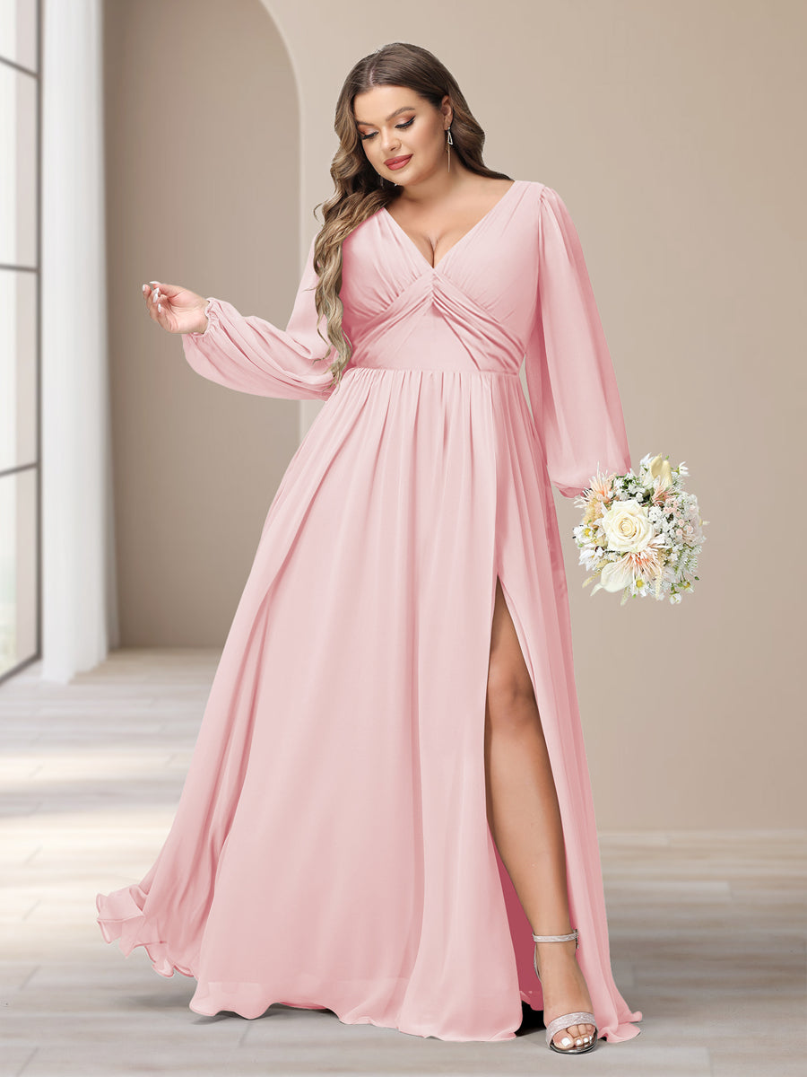 A-Line/Princess V-Neck Long Sleeves Chiffon Long Plus Size Bridesmaid Dresses With Split Side