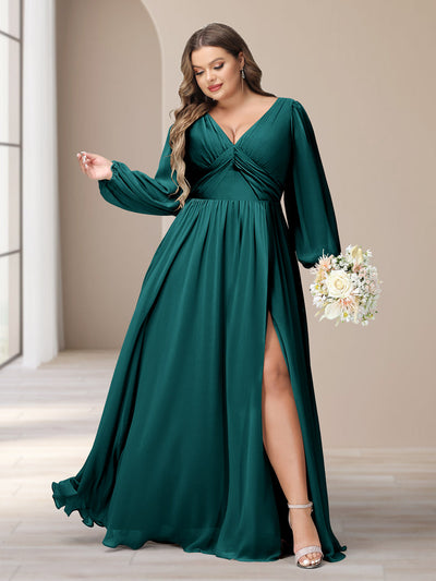 A-Line/Princess V-Neck Long Sleeves Chiffon Long Plus Size Bridesmaid Dresses With Split Side