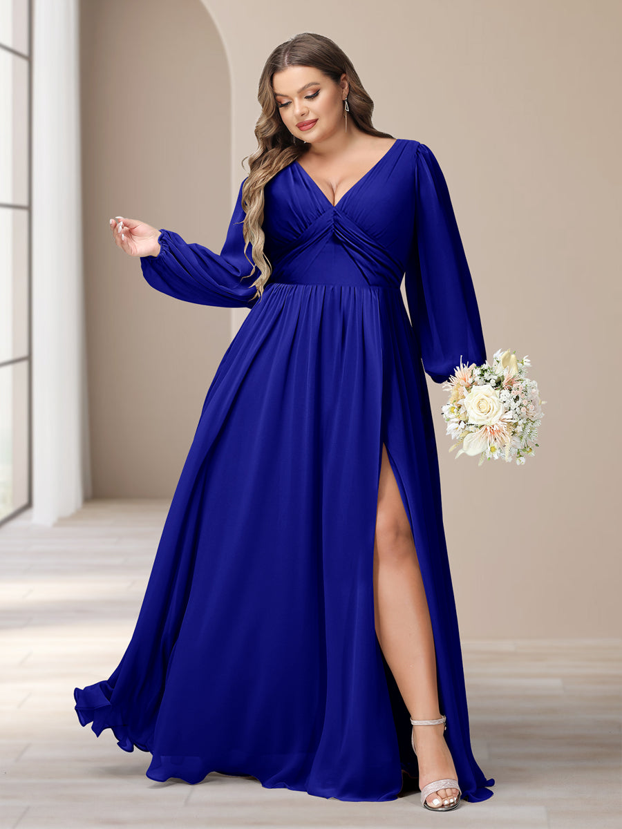 A-Line/Princess V-Neck Long Sleeves Chiffon Long Plus Size Bridesmaid Dresses With Split Side