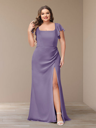 Sheath/Column Short Sleeves Chiffon Plus Size Bridesmaid Dresses with Split Side