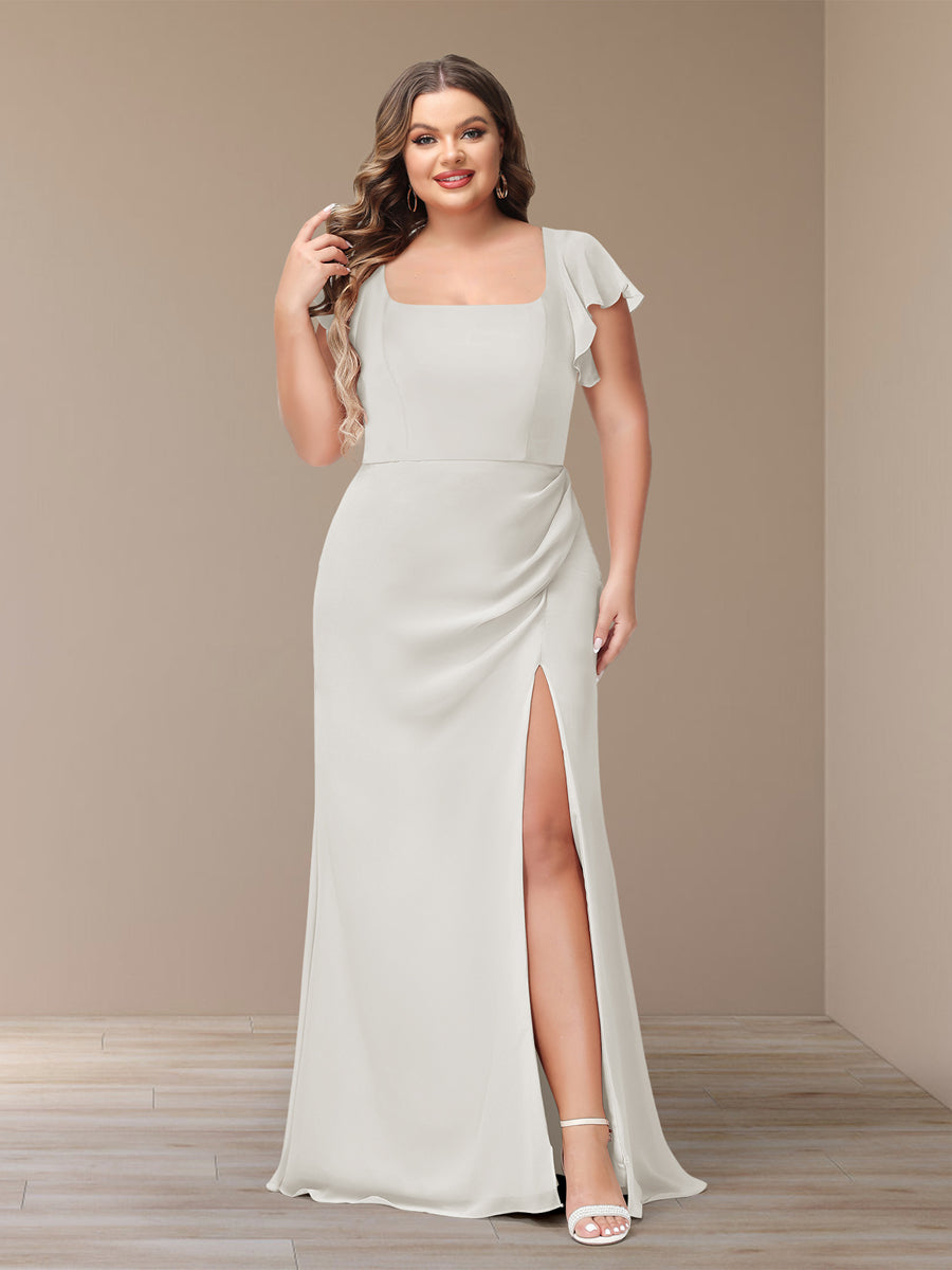 Sheath/Column Short Sleeves Chiffon Plus Size Bridesmaid Dresses with Split Side