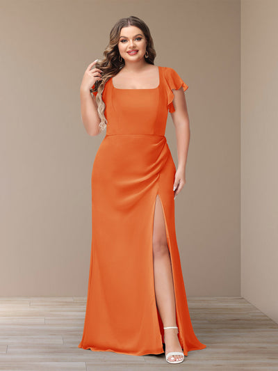 Sheath/Column Short Sleeves Chiffon Plus Size Bridesmaid Dresses with Split Side