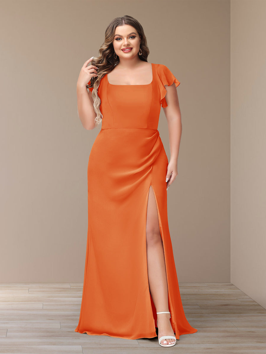 Sheath/Column Short Sleeves Chiffon Plus Size Bridesmaid Dresses with Split Side