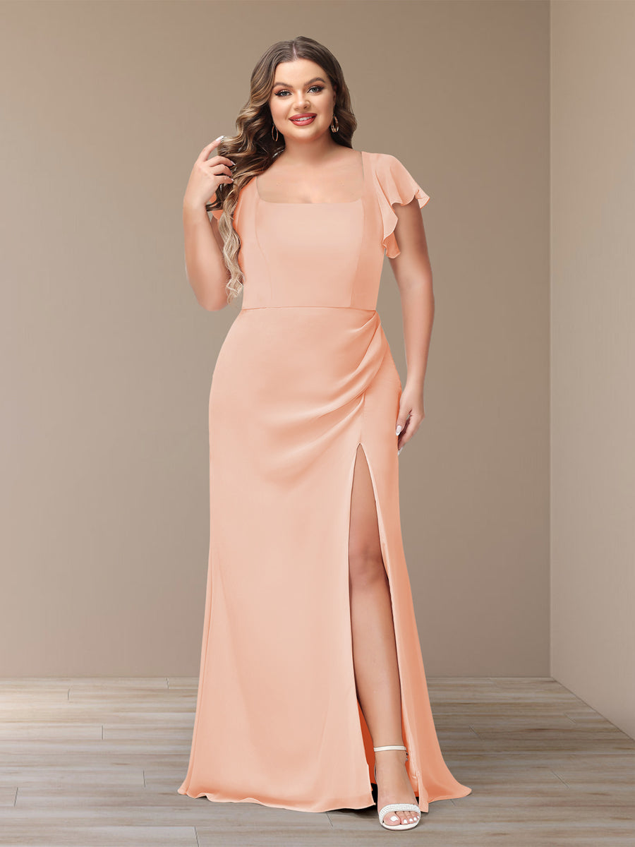 Sheath/Column Short Sleeves Chiffon Plus Size Bridesmaid Dresses with Split Side