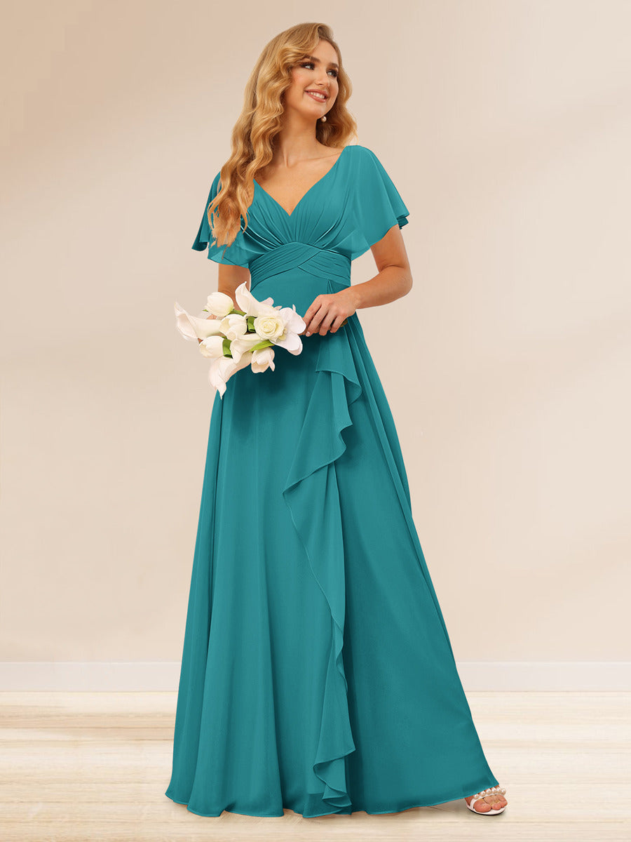 A-Line/Princess V-Neck Long Bridesmaid Dresses with Ruffles