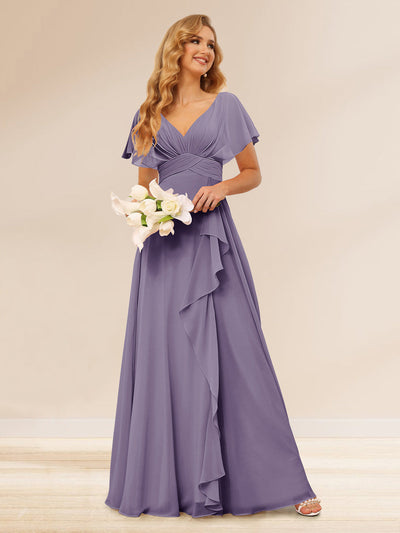 A-Line/Princess V-Neck Long Bridesmaid Dresses with Ruffles