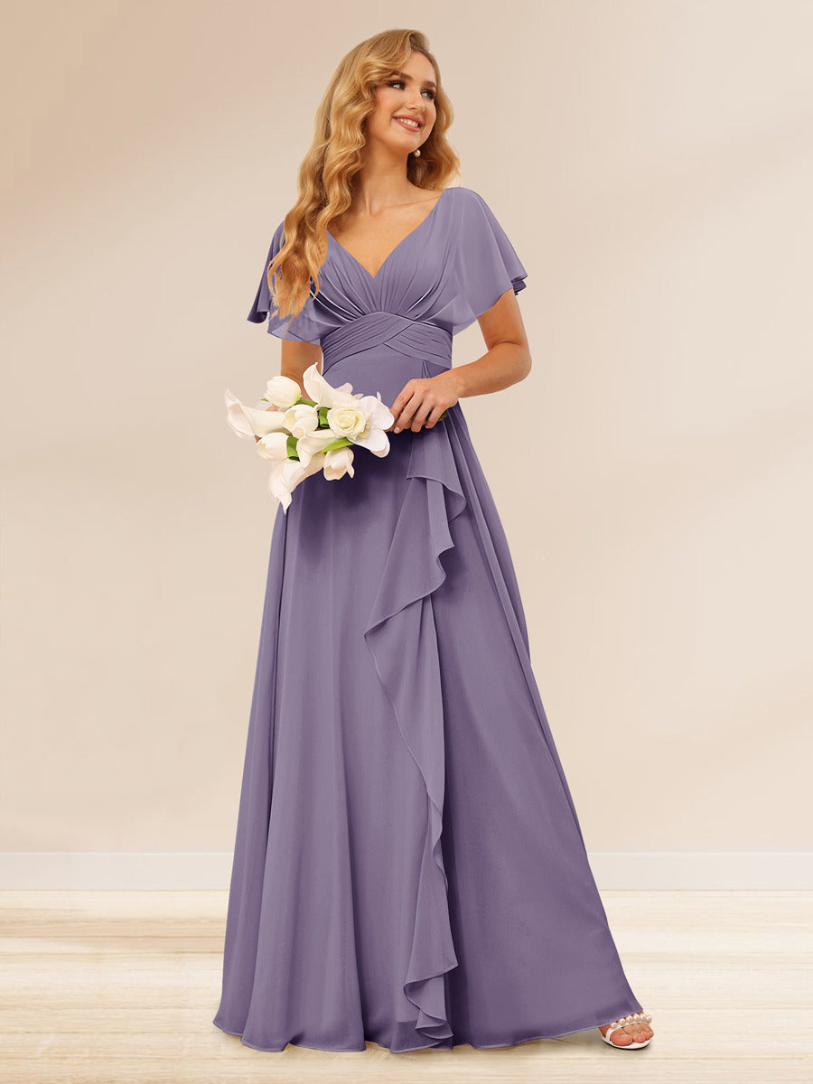 A-Line/Princess V-Neck Long Bridesmaid Dresses with Ruffles