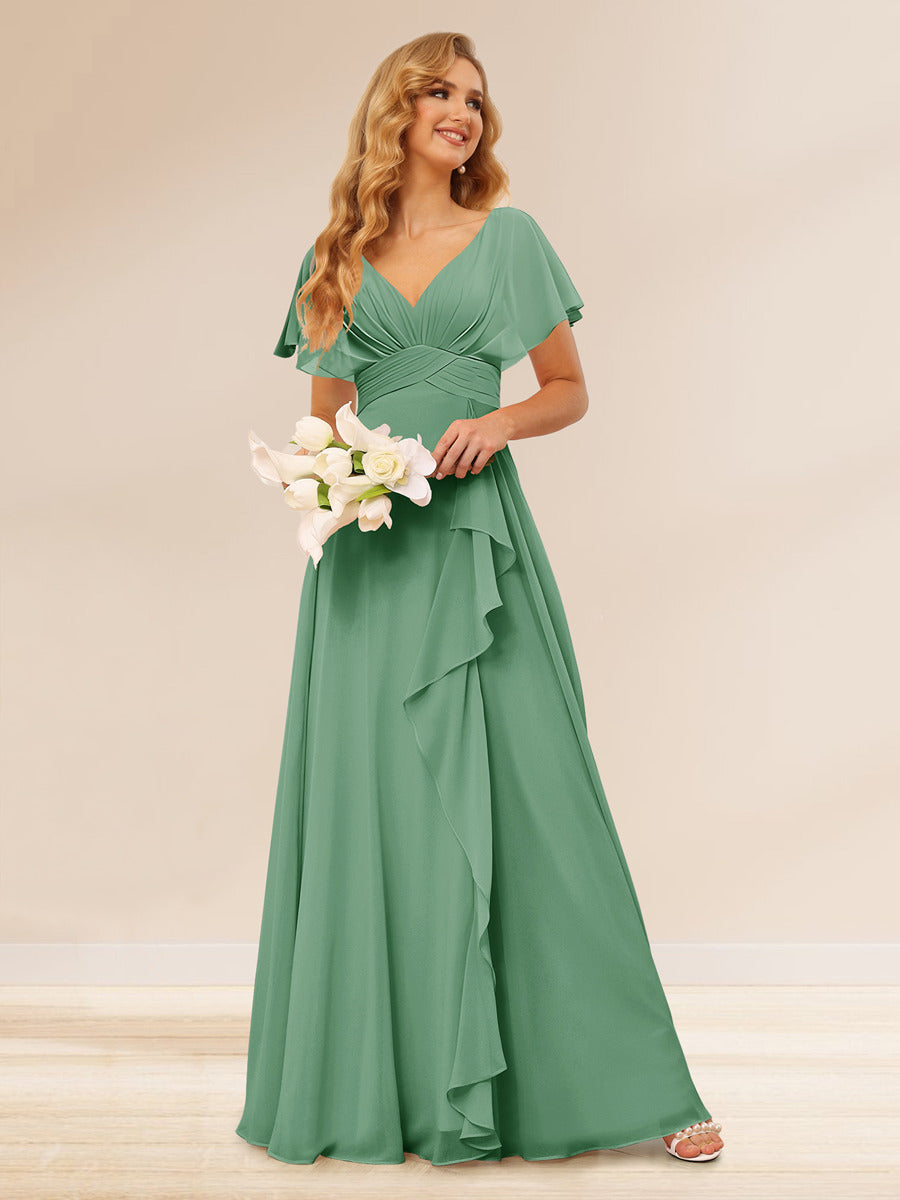 A-Line/Princess V-Neck Long Bridesmaid Dresses with Ruffles