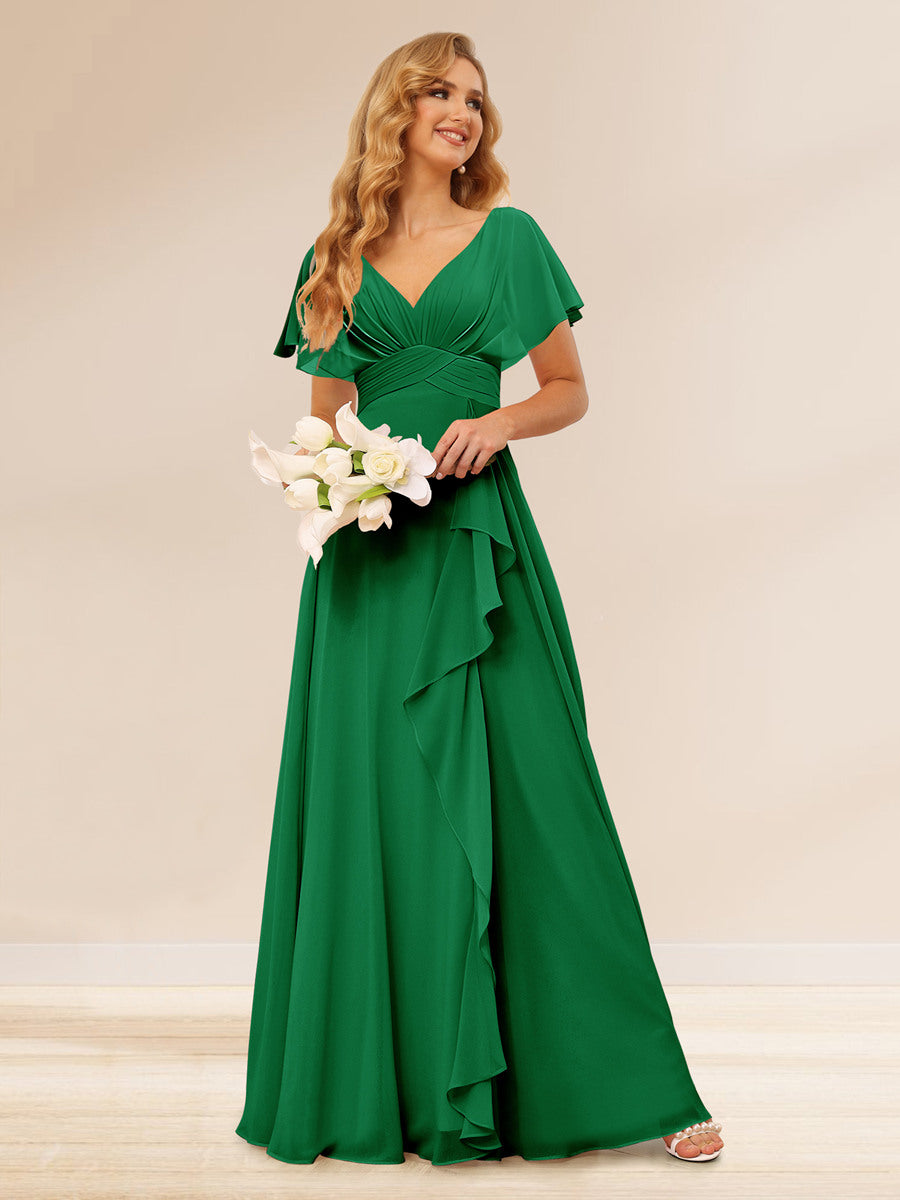 A-Line/Princess V-Neck Long Bridesmaid Dresses with Ruffles