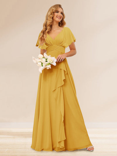 A-Line/Princess V-Neck Long Bridesmaid Dresses with Ruffles