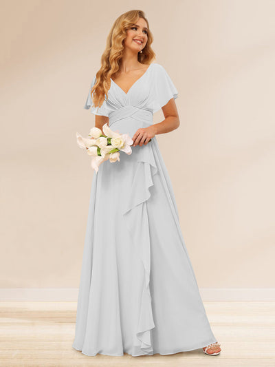 A-Line/Princess V-Neck Long Bridesmaid Dresses with Ruffles