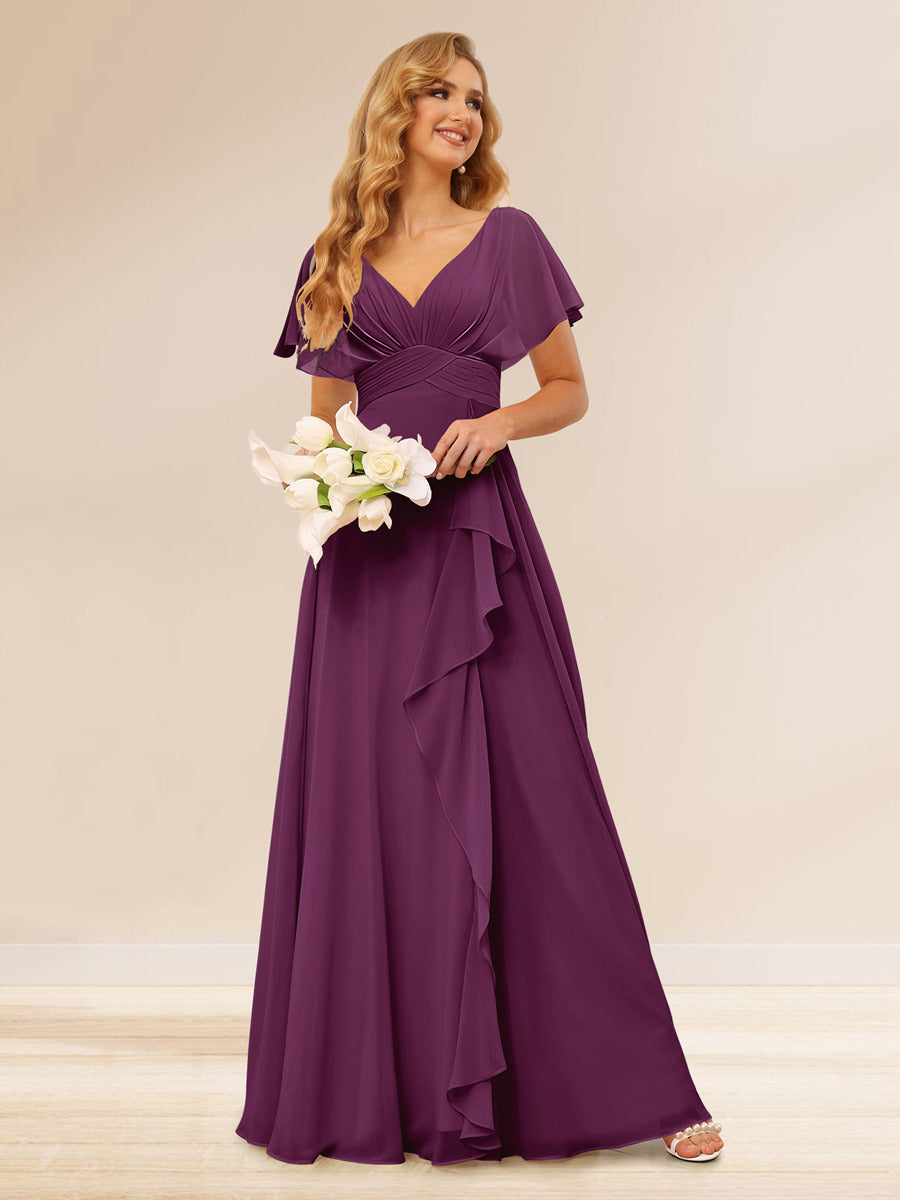 A-Line/Princess V-Neck Long Bridesmaid Dresses with Ruffles