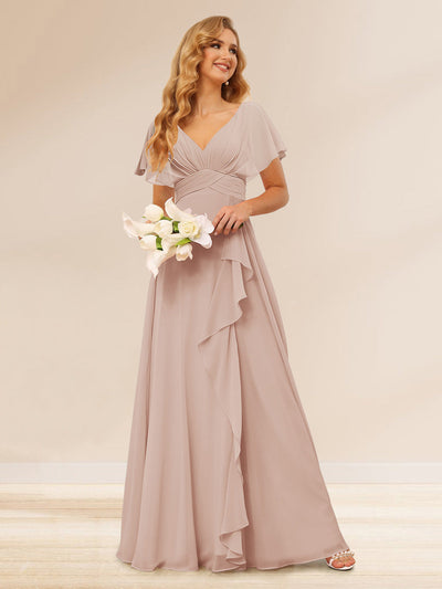 A-Line/Princess V-Neck Long Bridesmaid Dresses with Ruffles