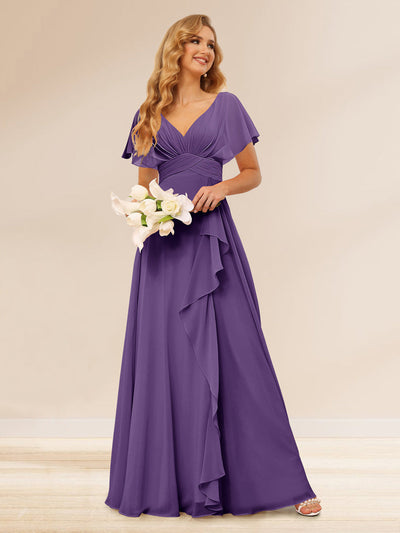 A-Line/Princess V-Neck Long Bridesmaid Dresses with Ruffles