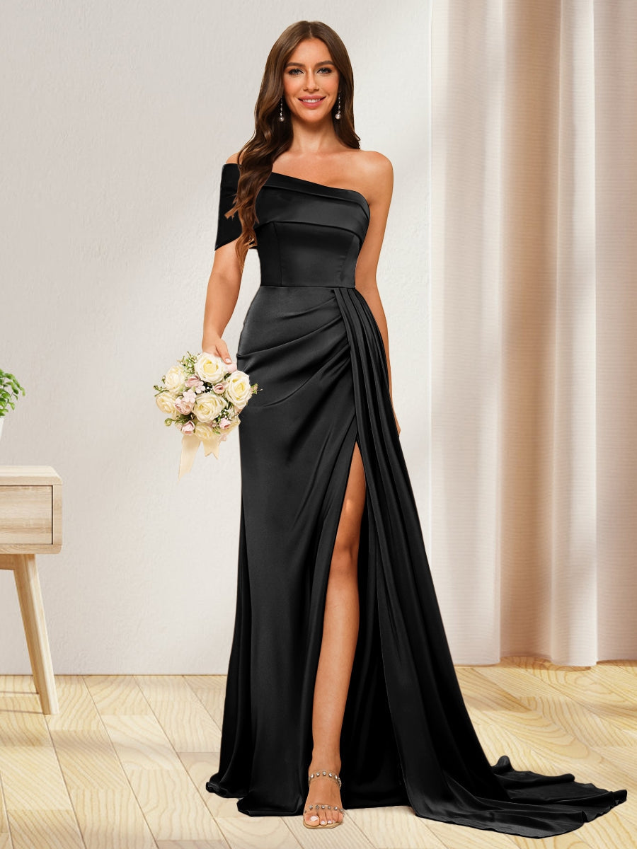 Sheath/Column One-Shoulder Long Formal Dresses with Split Side