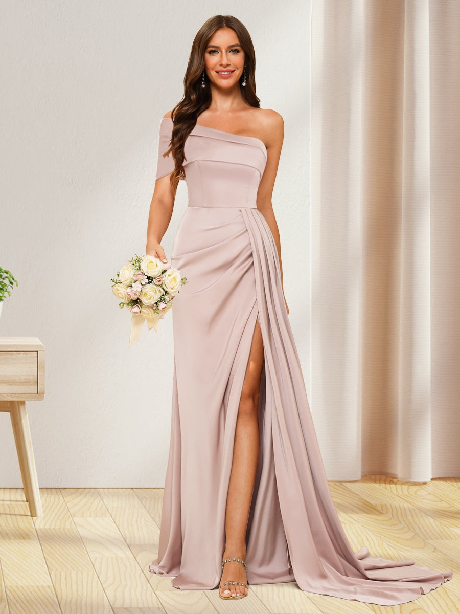 Sheath/Column One-Shoulder Long Formal Dresses with Split Side