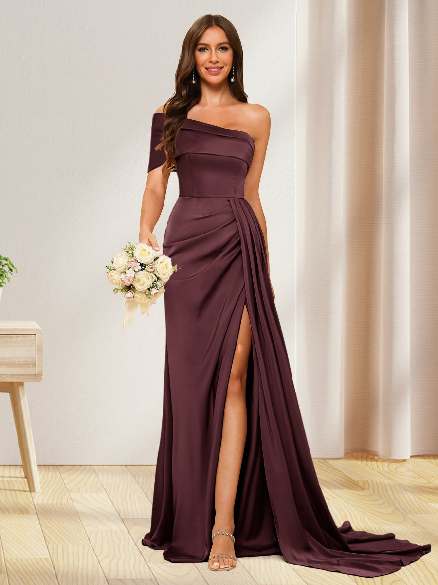 Sheath/Column One-Shoulder Long Formal Dresses with Split Side