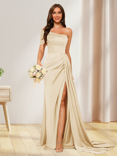 Sheath/Column One-Shoulder Long Formal Dresses with Split Side