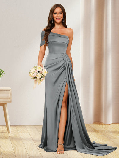 Sheath/Column One-Shoulder Long Formal Dresses with Split Side