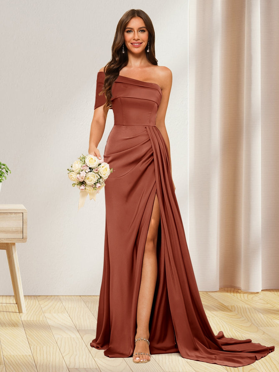 Sheath/Column One-Shoulder Long Formal Dresses with Split Side