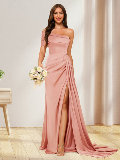 Sheath/Column One-Shoulder Long Formal Dresses with Split Side