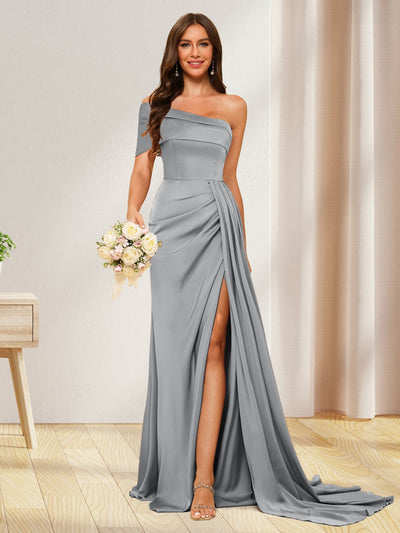 Sheath/Column One-Shoulder Long Formal Dresses with Split Side