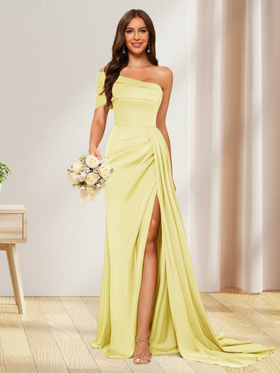 Sheath/Column One-Shoulder Long Formal Dresses with Split Side