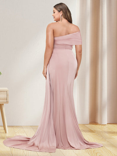 Sheath/Column One-Shoulder Long Formal Plus Size Dresses with Split Side