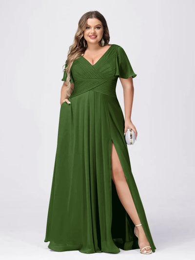 A Line/Princess V-Neck Short Sleeves Plus Size Bridesmaid Dresses with Split Side